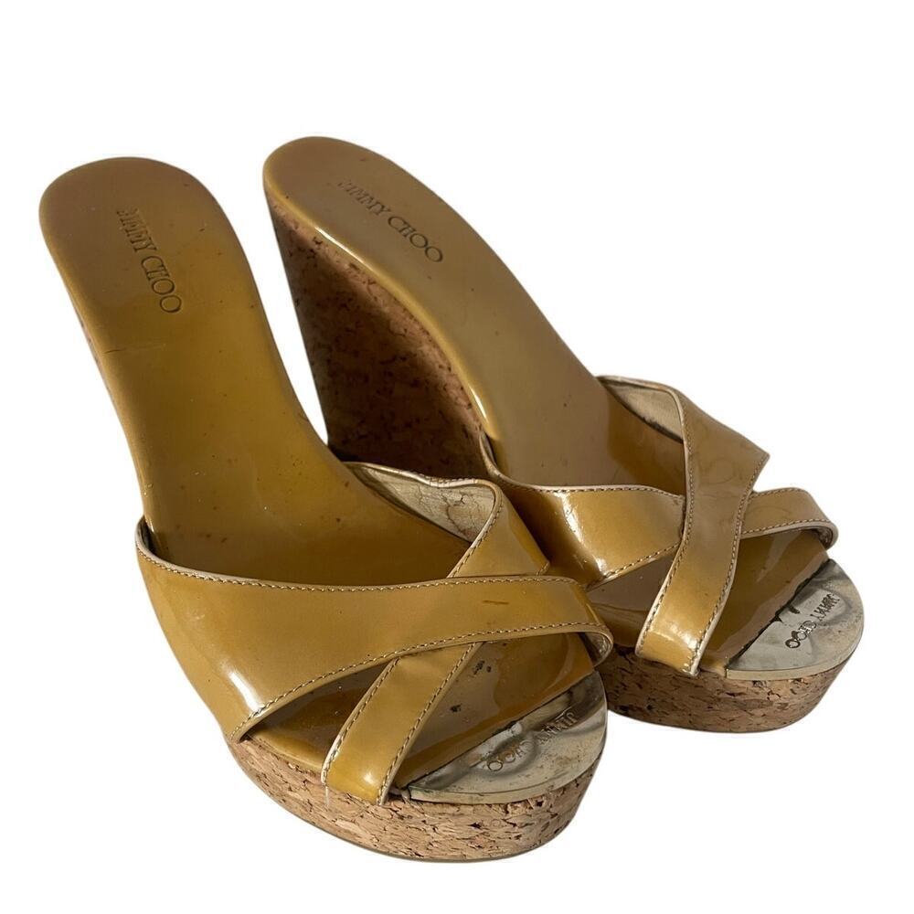 Jimmy Choo Y2K Patent Leather Tan Crossover Mule Cork Wedge Sandals • Sz 39.5 ⬇️